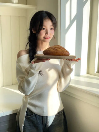 Ayuki's sexy glam fit waist ribbon off-shoulder collar neck ribbed knit