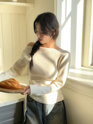 Ayuki's sexy glam fit waist ribbon off-shoulder collar neck ribbed knit