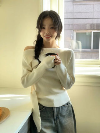Ayuki's sexy glam fit waist ribbon off-shoulder collar neck ribbed knit