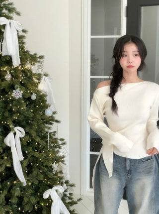 Ayuki's sexy glam fit waist ribbon off-shoulder collar neck ribbed knit