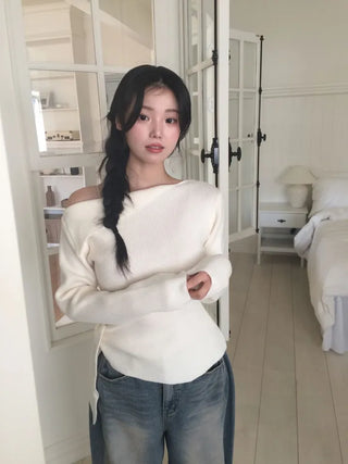 Ayuki's sexy glam fit waist ribbon off-shoulder collar neck ribbed knit