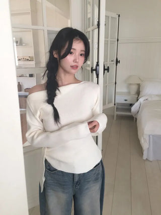 Ayuki's sexy glam fit waist ribbon off-shoulder collar neck ribbed knit