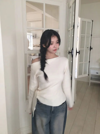 Ayuki's sexy glam fit waist ribbon off-shoulder collar neck ribbed knit