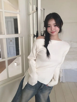 Ayuki's sexy glam fit waist ribbon off-shoulder collar neck ribbed knit