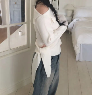 Ayuki's sexy glam fit waist ribbon off-shoulder collar neck ribbed knit