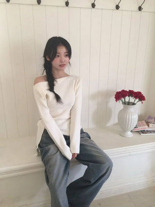 Ayuki's sexy glam fit waist ribbon off-shoulder collar neck ribbed knit
