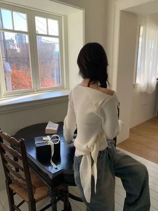 Ayuki's sexy glam fit waist ribbon off-shoulder collar neck ribbed knit