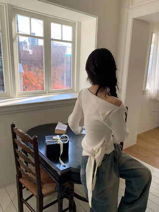 Ayuki's sexy glam fit waist ribbon off-shoulder collar neck ribbed knit