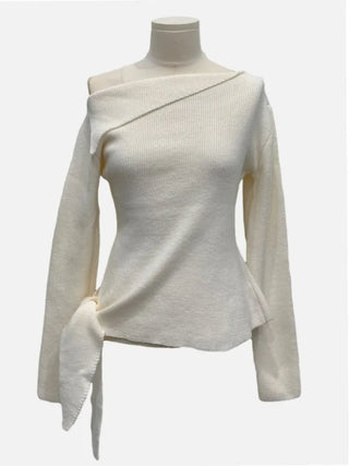 Ayuki's sexy glam fit waist ribbon off-shoulder collar neck ribbed knit