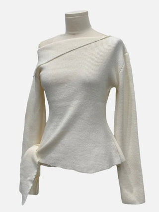 Ayuki's sexy glam fit waist ribbon off-shoulder collar neck ribbed knit