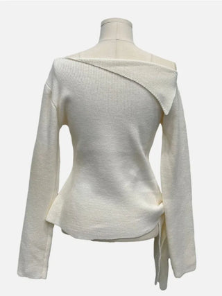 Ayuki's sexy glam fit waist ribbon off-shoulder collar neck ribbed knit