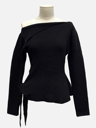 Ayuki's sexy glam fit waist ribbon off-shoulder collar neck ribbed knit