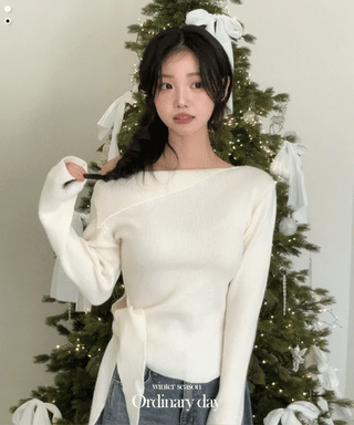 Ayuki's sexy glam fit waist ribbon off-shoulder collar neck ribbed knit