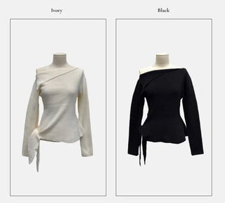 Ayuki's sexy glam fit waist ribbon off-shoulder collar neck ribbed knit