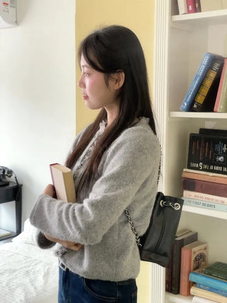 Amber Frill Lace Button Puff Wool Knit Cardigan