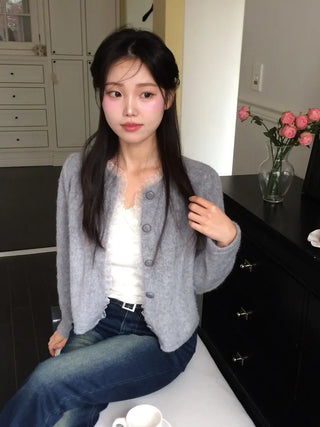 Amber Frill Lace Button Puff Wool Knit Cardigan