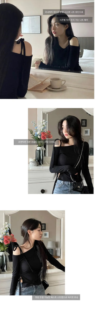 Fleece Ribbon One-Shoulder Shirring String See-Through Knit