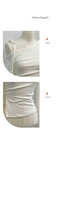 Fleece Ribbon One-Shoulder Shirring String See-Through Knit