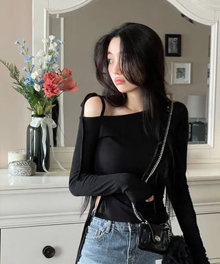 Fleece Ribbon One-Shoulder Shirring String See-Through Knit