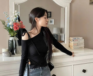 Fleece Ribbon One-Shoulder Shirring String See-Through Knit