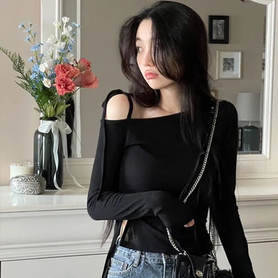 Fleece Ribbon One-Shoulder Shirring String See-Through Knit