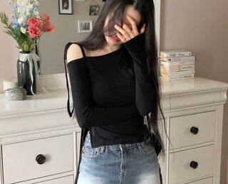 Fleece Ribbon One-Shoulder Shirring String See-Through Knit