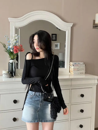 Fleece Ribbon One-Shoulder Shirring String See-Through Knit