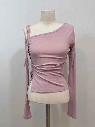 Fleece Ribbon One-Shoulder Shirring String See-Through Knit