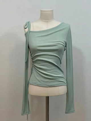 Fleece Ribbon One-Shoulder Shirring String See-Through Knit