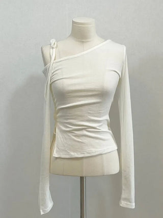 Fleece Ribbon One-Shoulder Shirring String See-Through Knit