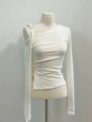 Fleece Ribbon One-Shoulder Shirring String See-Through Knit