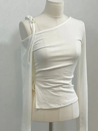 Fleece Ribbon One-Shoulder Shirring String See-Through Knit