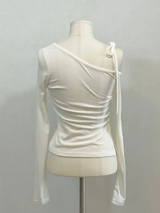 Fleece Ribbon One-Shoulder Shirring String See-Through Knit