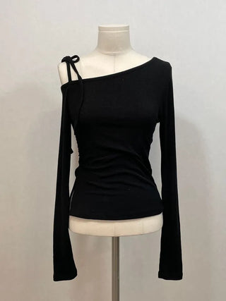 Fleece Ribbon One-Shoulder Shirring String See-Through Knit