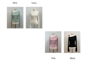 Fleece Ribbon One-Shoulder Shirring String See-Through Knit