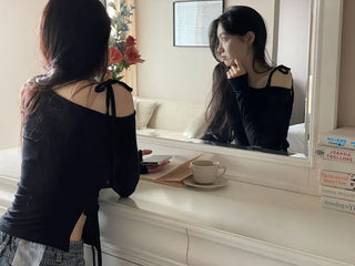 Fleece Ribbon One-Shoulder Shirring String See-Through Knit
