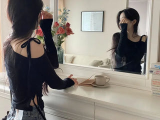 Fleece Ribbon One-Shoulder Shirring String See-Through Knit