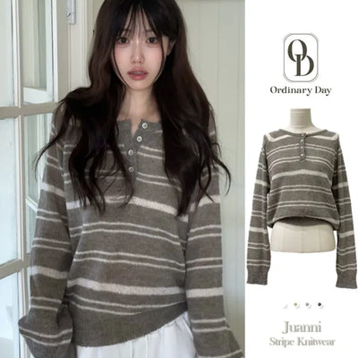 Jooani vintage two-tone striped henley neck loose fit long sleeve button wool knit