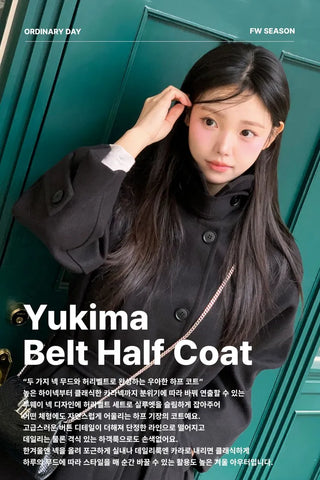 Yukima high neck buckle collar neck two-way belt half coat