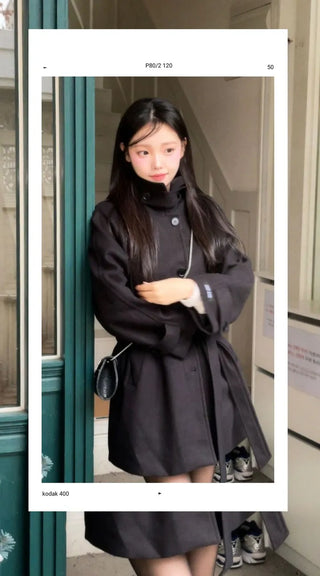 Yukima high neck buckle collar neck two-way belt half coat