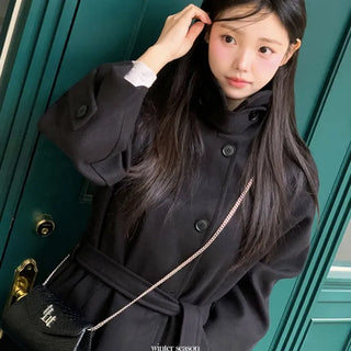 Yukima high neck buckle collar neck two-way belt half coat