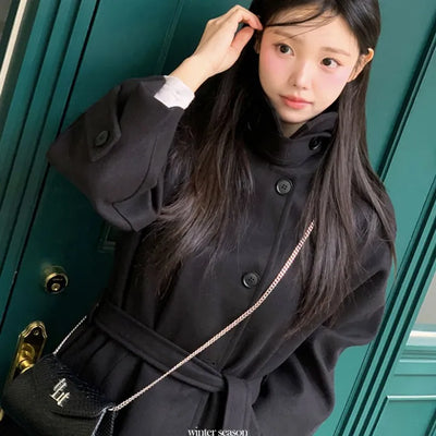 Yukima high neck buckle collar neck two-way belt half coat