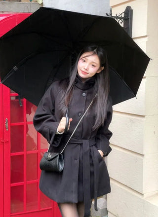 Yukima high neck buckle collar neck two-way belt half coat