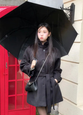 Yukima high neck buckle collar neck two-way belt half coat