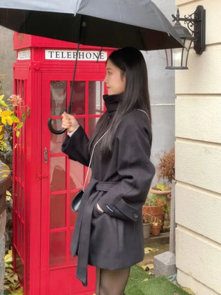 Yukima high neck buckle collar neck two-way belt half coat