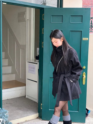 Yukima high neck buckle collar neck two-way belt half coat