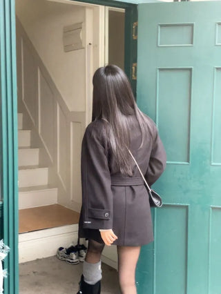 Yukima high neck buckle collar neck two-way belt half coat