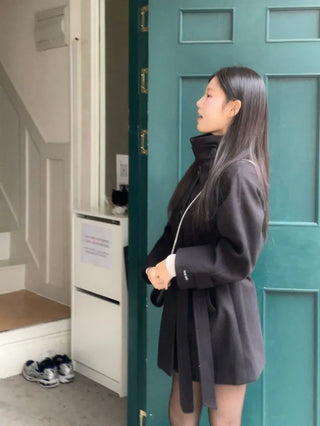 Yukima high neck buckle collar neck two-way belt half coat