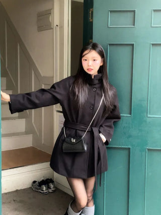 Yukima high neck buckle collar neck two-way belt half coat