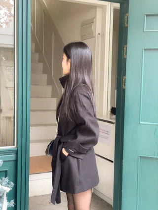 Yukima high neck buckle collar neck two-way belt half coat